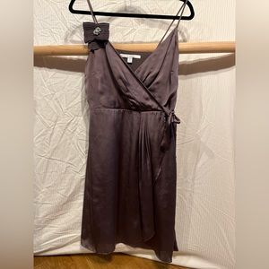 Charcoal Grey Spaghetti Strap Satin Dress with Rhinestone Brooch